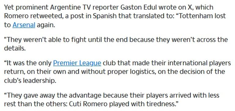 تغريدة المراسل الأرجنتيني كريستيان روميرو لاعب توتنهام ضد أرسنال