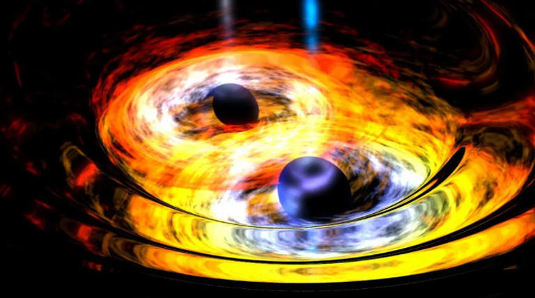 رسم توضيحي لاندماج الثقوب السوداء داخل حدود ثقب أسود فائق الكتلة