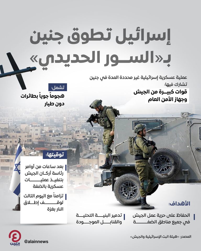 سيارة إسعاف فلسطينية تمر أمام آلية عسكرية إسرائيلية في جنين