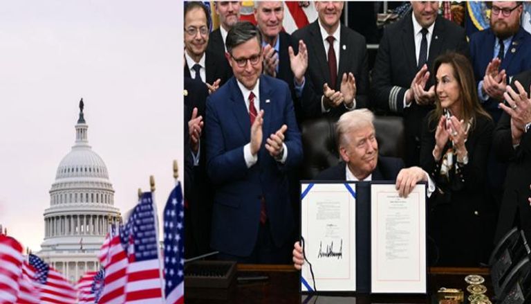 ترامب بعد توقيعه على القرار ومبنى الكونغرس الأمريكي