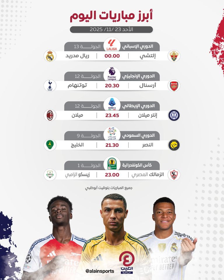 جدول مباريات اليوم الأحد 23 نوفمبر 2025 والقنوات الناقلة ديربي ميلانو