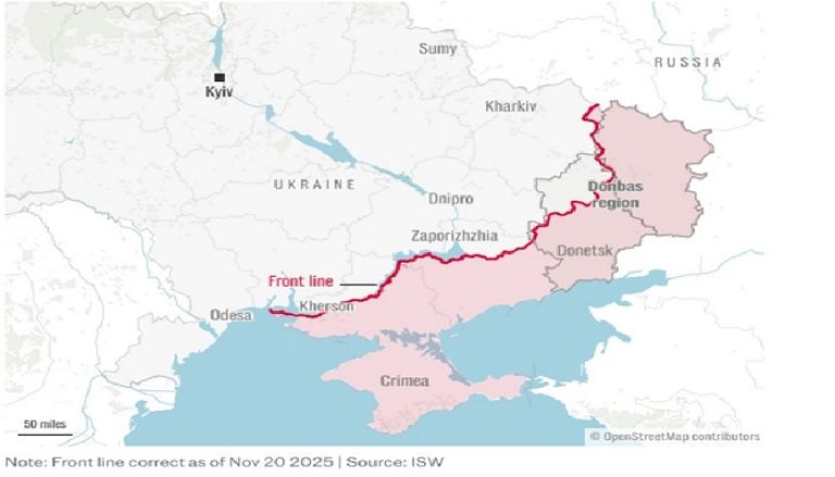 الجزء المظلل باللون الوردي مناطق خاضعة لسيطرة روسيا