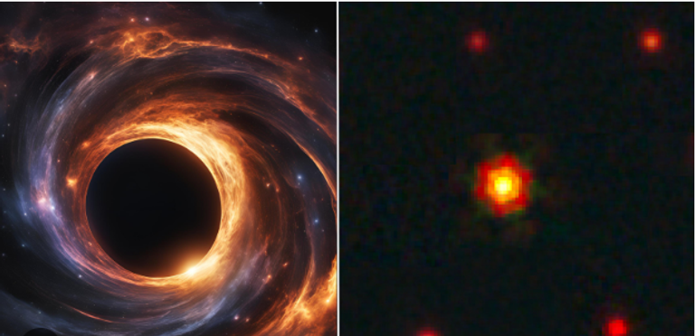 الرسم التوضيحي يظهر ثقبا أسودا على وشك الاندماج