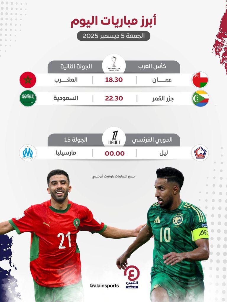 جدول مباريات اليوم الجمعة 5 ديسمبر 2025 والقنوات الناقلة السعودية وعمان في كأس العرب