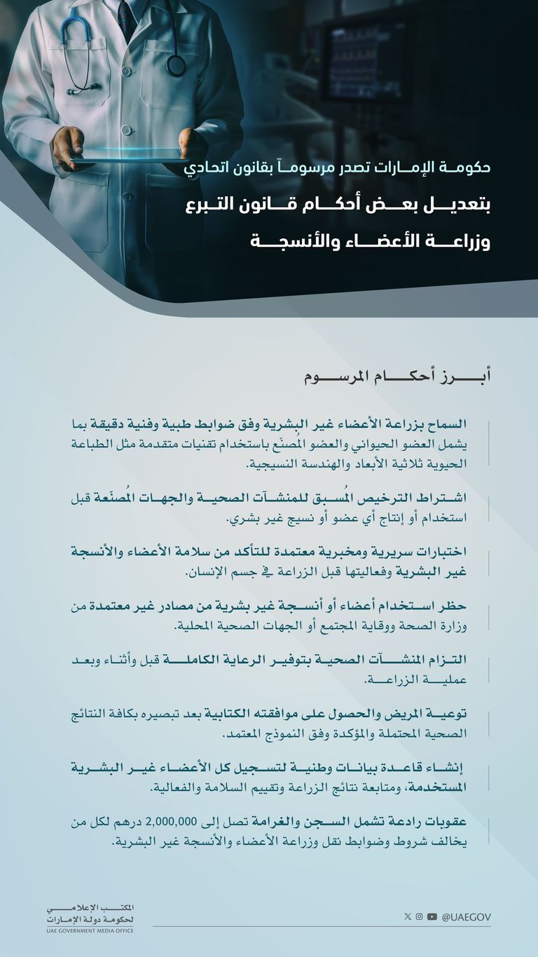 الإمارات تحدث قانون زراعة الأعضاء الإمارات تحدث قانون زراعة الأعضاء