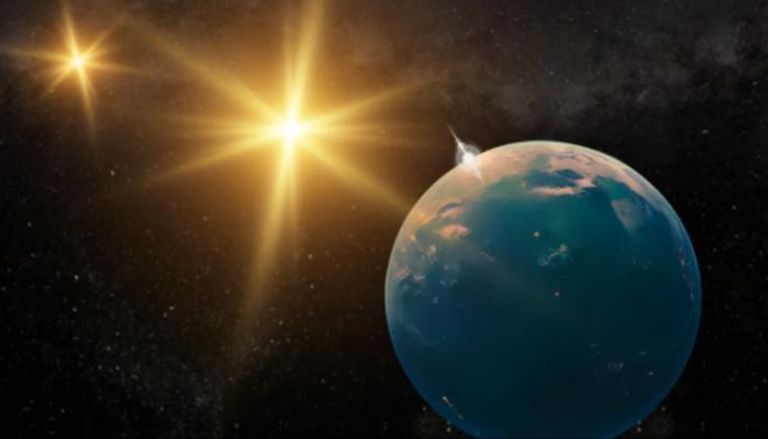 رسم توضيحي للكوكب HD 143811 AB b أثناء دورانه حول نجميه التوأمين