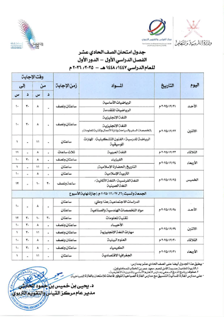 جدول الاختبارات النهائية سلطنة عمان 2025-2026