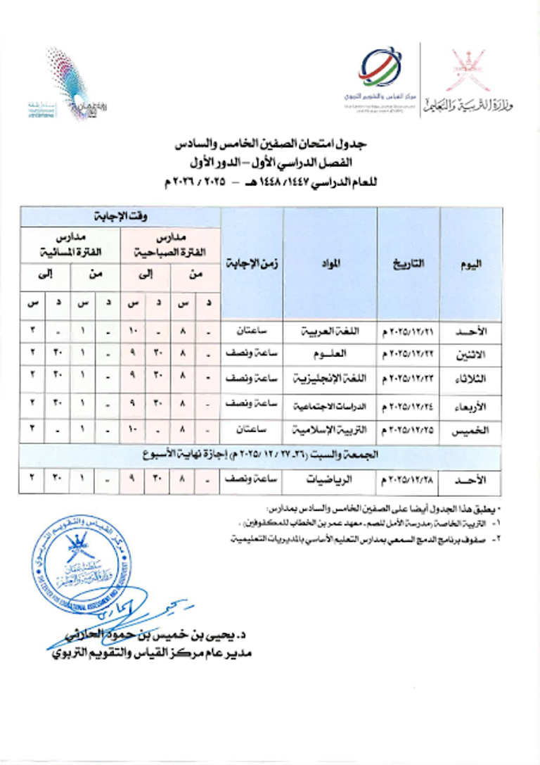 جدول الاختبارات النهائية سلطنة عمان 2025-2026