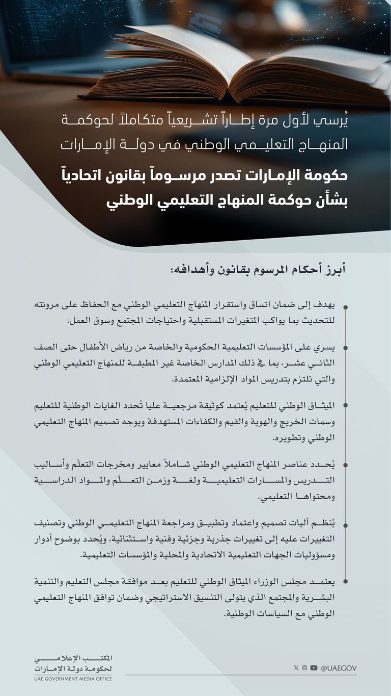 مرسوم بقانون اتحادي بشأن حوكمة المنهاج التعليمي بالإمارات