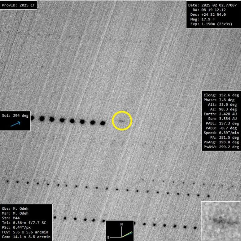  الكويكب داخل الدائرة الصفراء كما تم رصده من مرصد الختم الفلكي. 