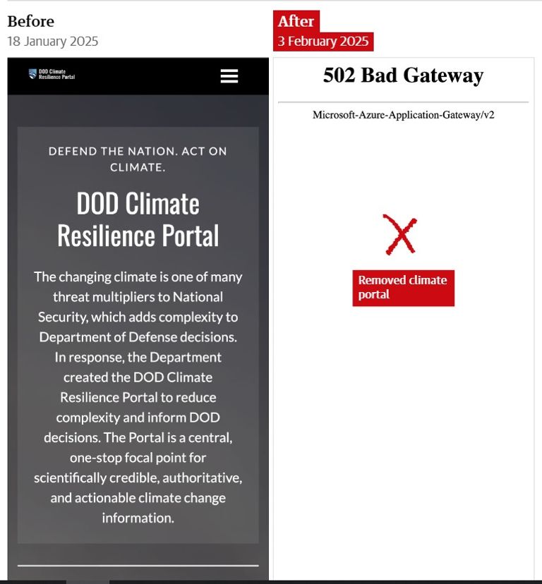 موقع وزارة الدفاع الأمريكية قبل وبعد إزالة محتوى التغير المناخي الرئيس الأمريكي دونالد ترامب