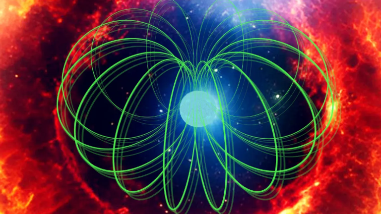 رسم توضيحي يظهر نجما مغناطيسيا محاطا بخطوط المجال المغناطيسي الخضراء تصور فني لنجم نابض داخل سحابة من المادة المظلمة