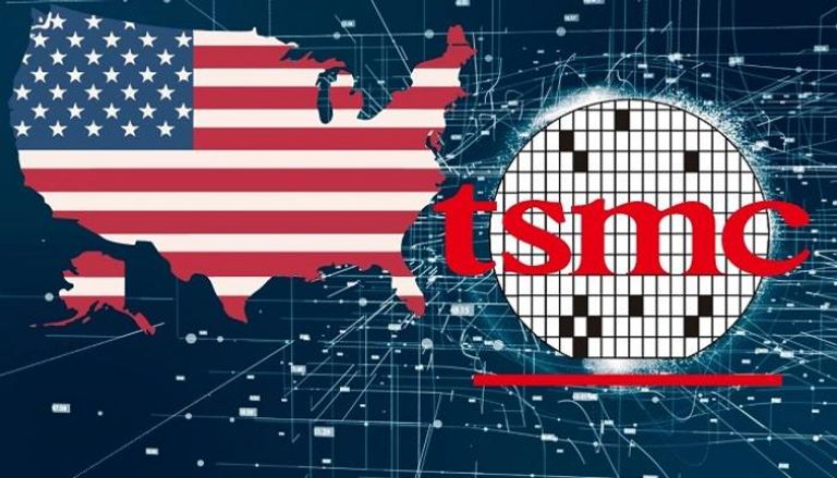 شعار شركة TSMC التايوانية لأشباه الموصلات وخريطة الولايات المتحدة