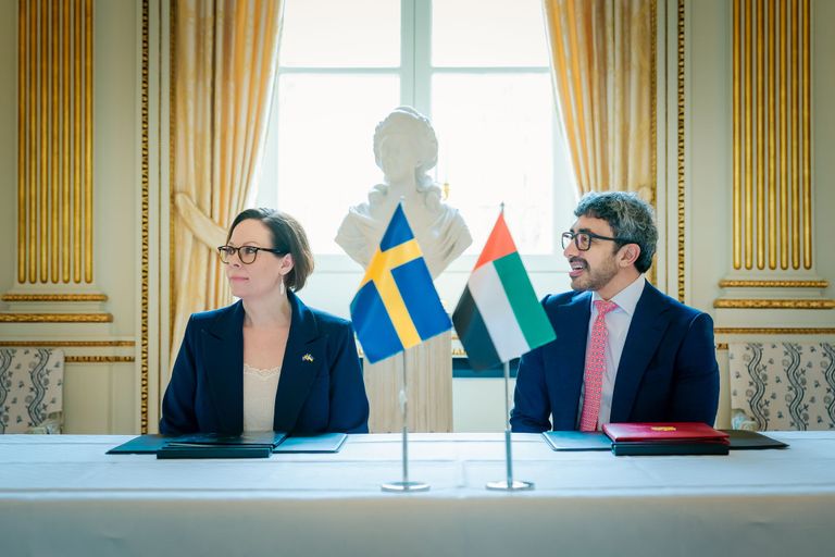 عبدالله بن زايد آل نهيان خلال لقائه وزير الدفاع بالسويد