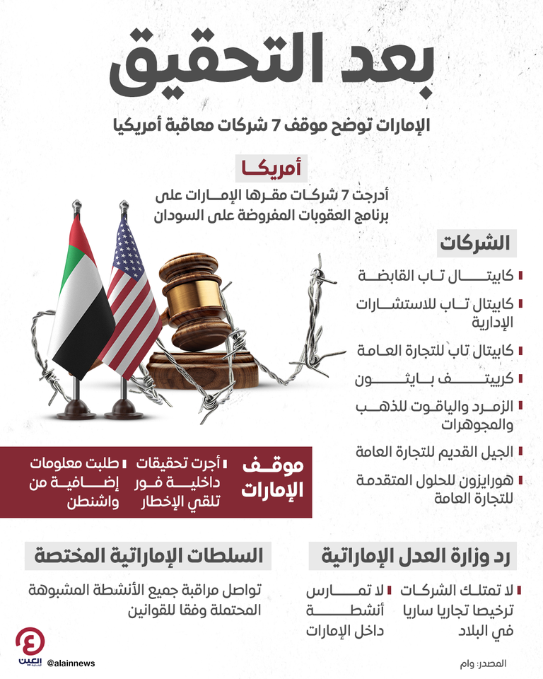 بعد التحقيق.. الإمارات توضح موقف 7 شركات معاقبة أمريكيا