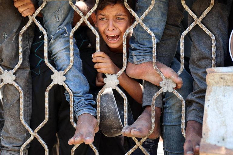 أطفال ونساء يتدافعون حول نقطة لتوزيع الطعام في غزة وسط أزمة جوع