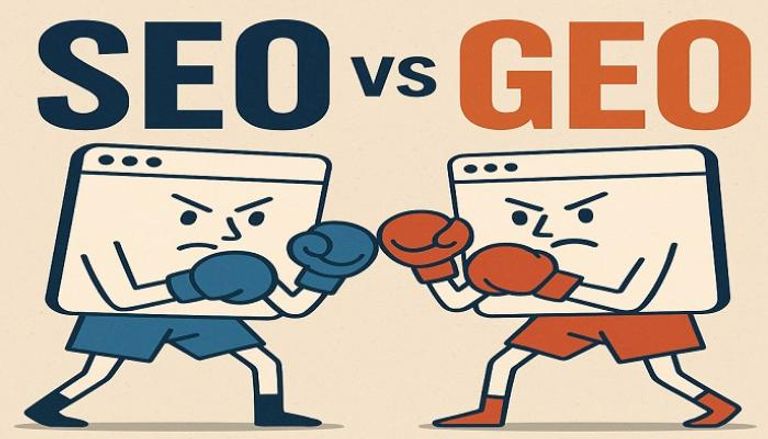 صورة أريد صورة مولدة بالذكاء الاصطناعي توضح المنافسة بين SEO وGEO