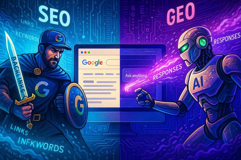 صورة مولدة بالذكاء الاصطناعي توضح المنافسة بين SEO وGEO