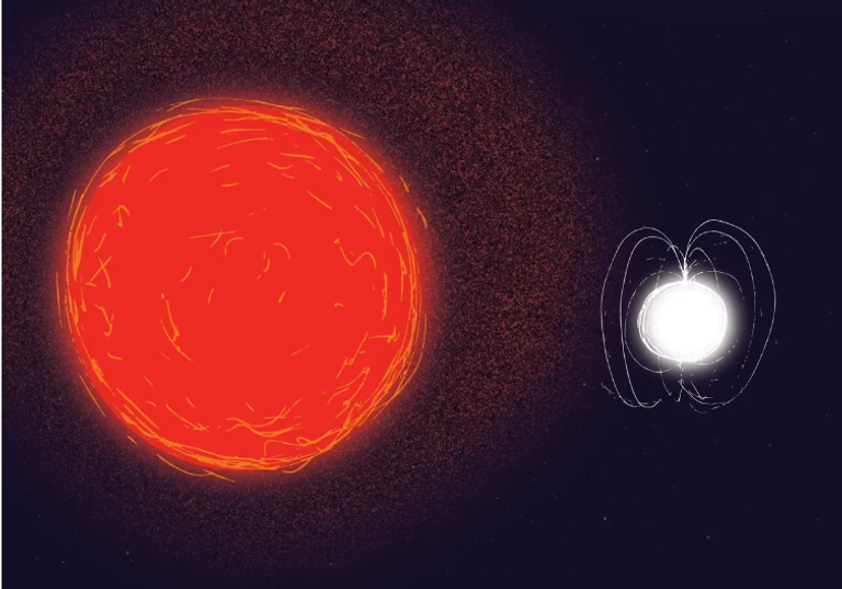 رسم توضيحي لنظام نجمي رباعي يضم نجمين قزمين بنيين فاشلين ونجمين