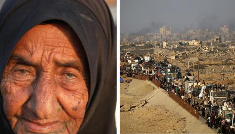 الحاجة جازية في يسار الصورة، وعلى يمينها قوافل من النازحين