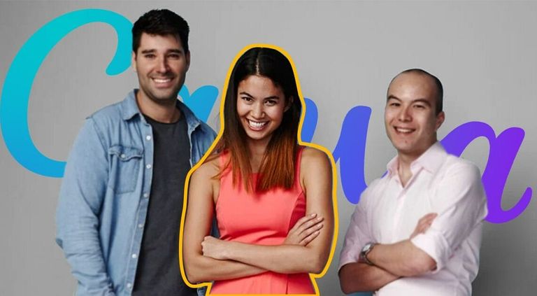 ميلاني بيركنز برفقة الشركاء المؤسسين للموقع ميلاني بيركنز مؤسسة منصة كانفا