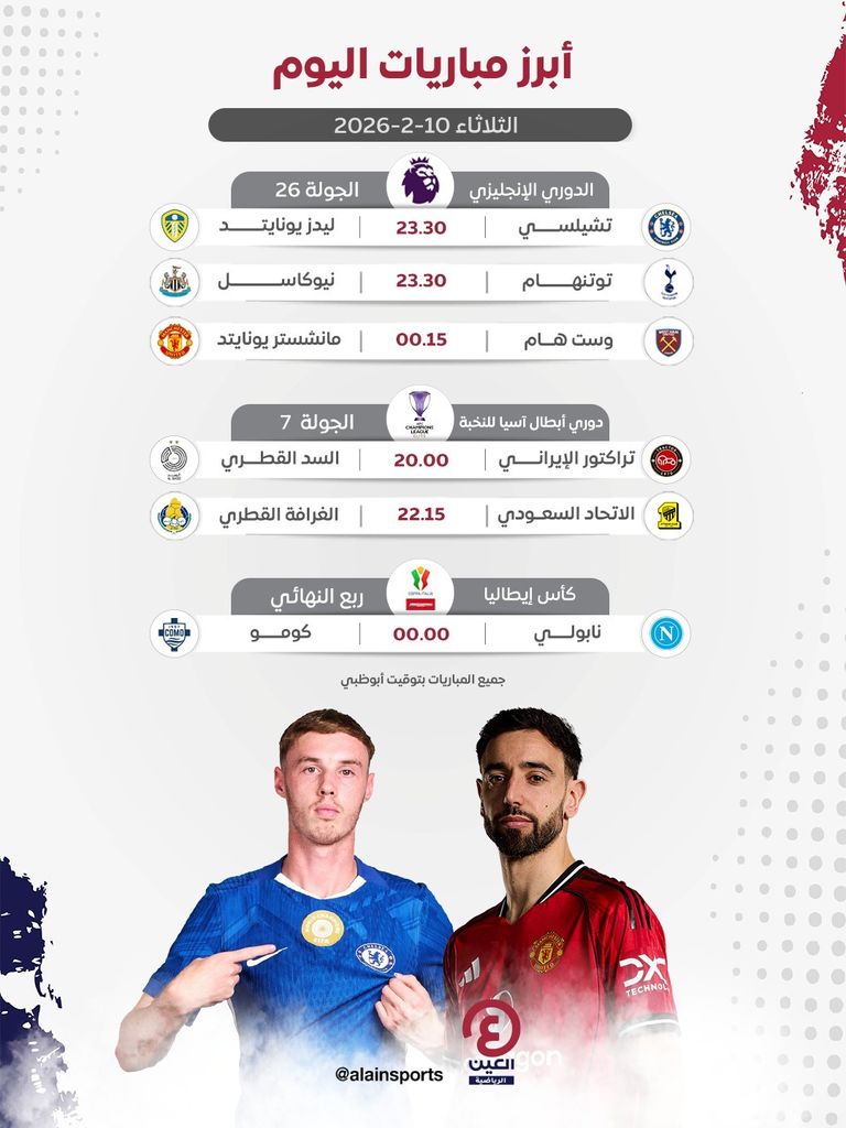 جدول مباريات اليوم الثلاثاء 10 فبراير 2026 والقنوات الناقلة - صورة 1