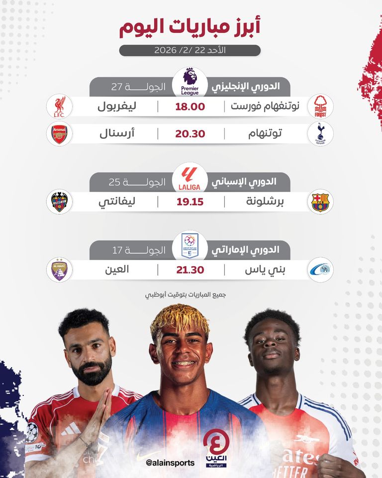 جدول مباريات اليوم الأحد 22 فبراير 2026 والقنوات الناقلة - صورة 1