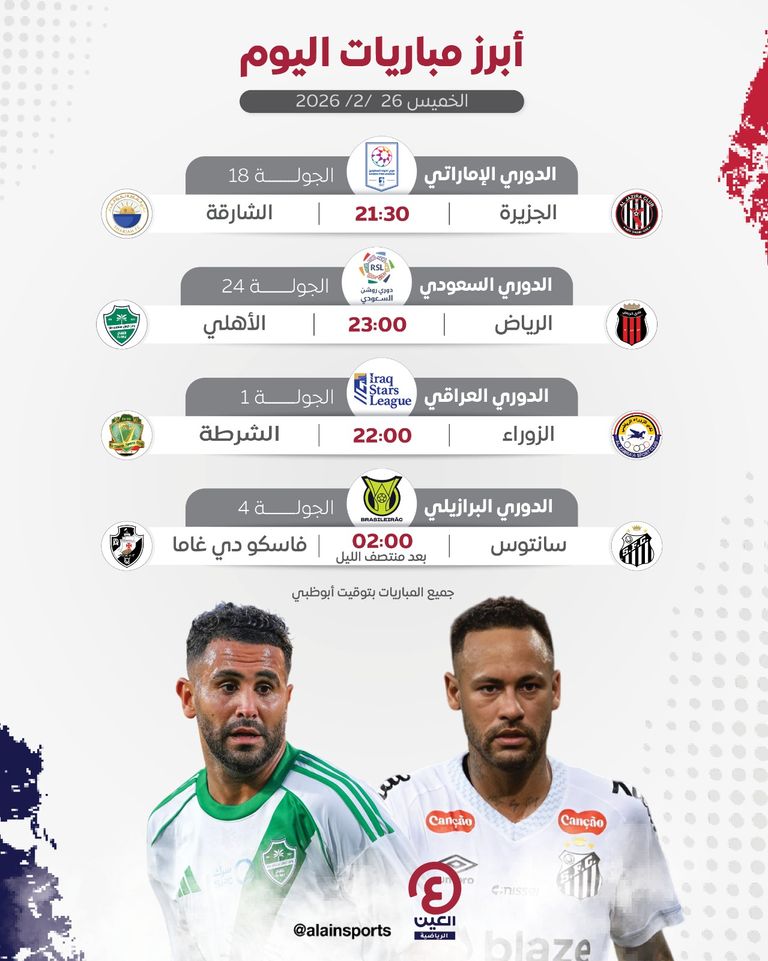جدول مباريات اليوم الخميس 26 فبراير 2026 والقنوات الناقلة - صورة 1