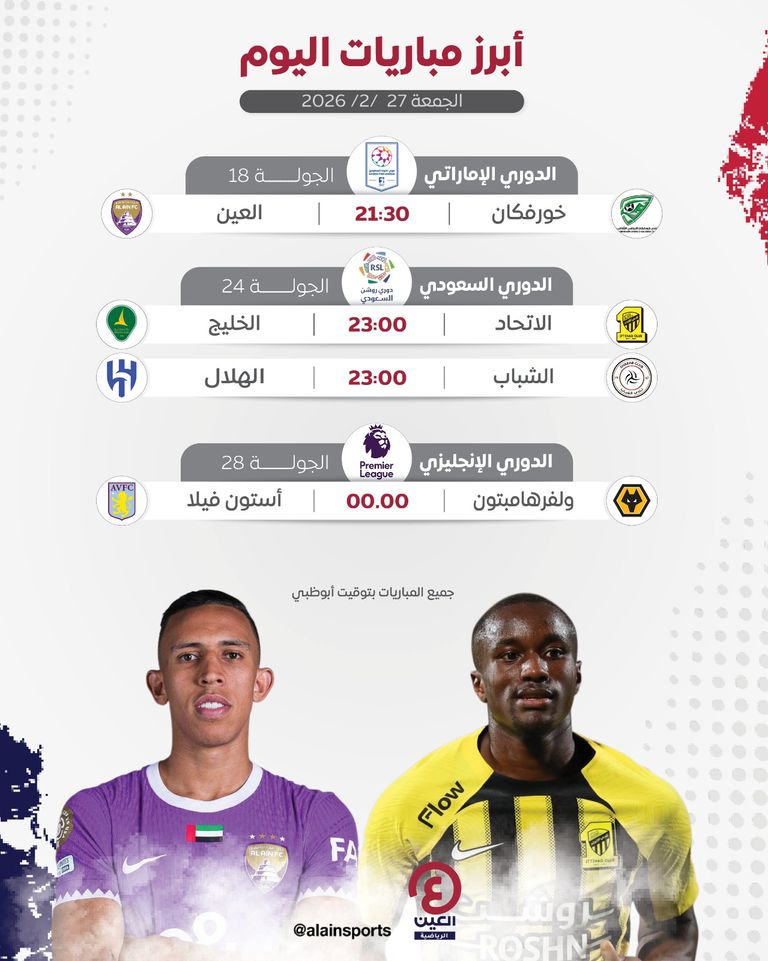 جدول مباريات اليوم الجمعة 27 فبراير 2026 والقنوات الناقلة - صورة 1