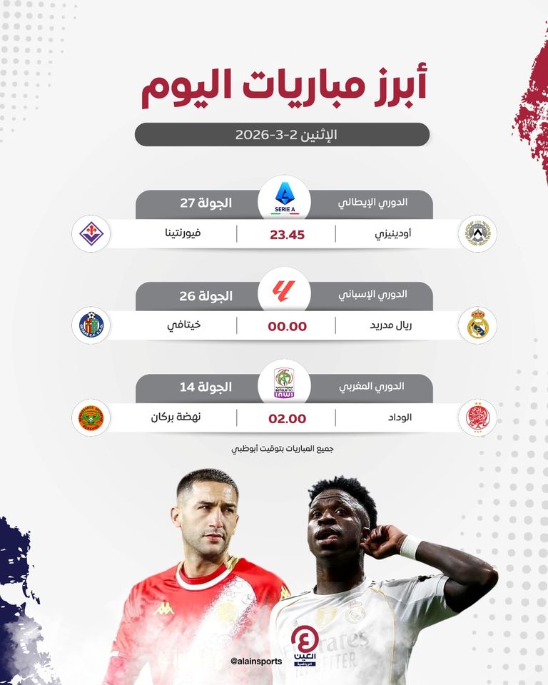 جدول مباريات اليوم الإثنين 2 مارس 2026 والقنوات الناقلة - صورة 1
