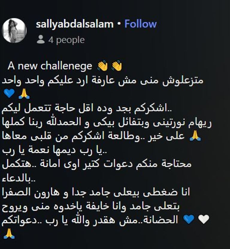 سالي عبدالسلام تطلب الدعاء لابنها هارون بعد تدهور حالته الصحية - صورة 1