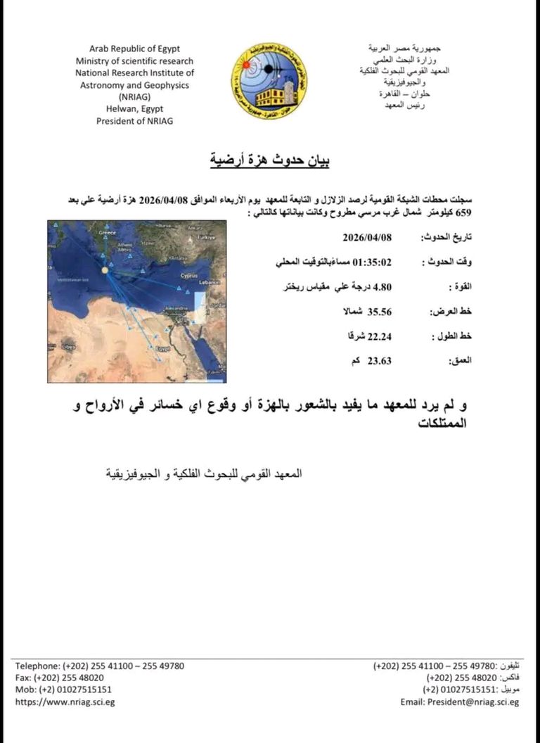 مصر.. زلزال بقوة 4.8 يضرب شرق المتوسط قبالة سواحل مرسى مطروح - صورة 1