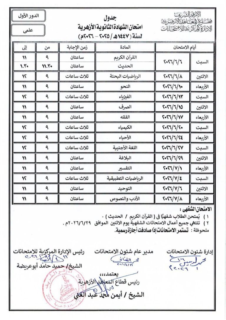 من الابتدائي حتى الثانوية.. جداول امتحانات الأزهر 2026 الترم الثاني في مصر - صورة 1