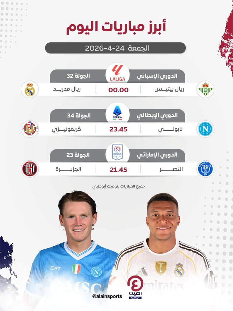جدول مباريات اليوم الجمعة 24 أبريل 2026 والقنوات الناقلة - صورة 1
