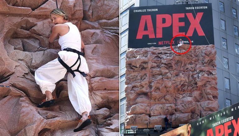 للترويج لفيلم &laquo;Apex&raquo;.. تشارليز ثيرون تتسلق واجهة إعلان في تايمز سكوير - صورة 2