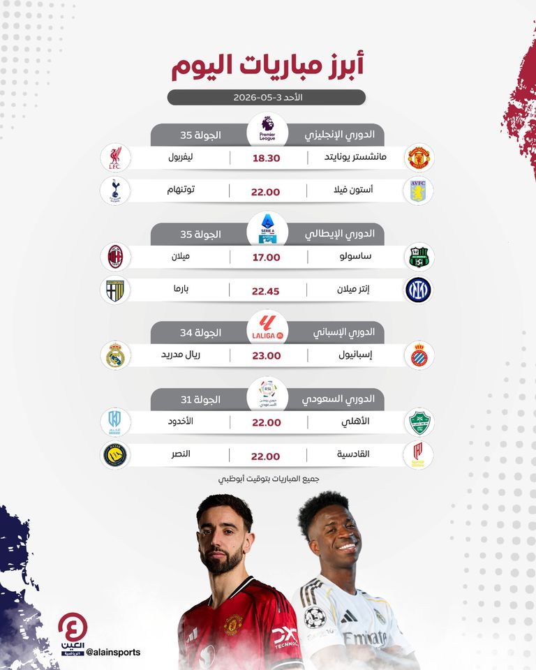 جدول مباريات اليوم الأحد 3 مايو 2026 والقنوات الناقلة - صورة 1