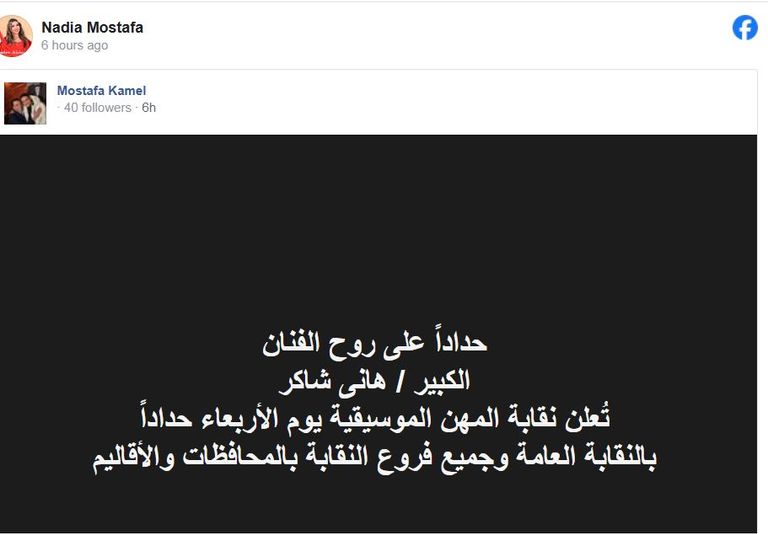 وقف العمل بنقابة الموسيقيين بكل الأقاليم المصرية حدادا على الفنان هاني شاكر - صورة 1