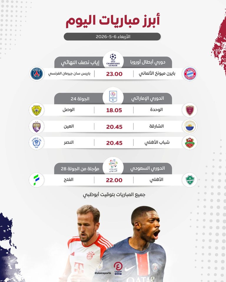 جدول مباريات اليوم الأربعاء 6 مايو 2026 والقنوات الناقلة - صورة 1