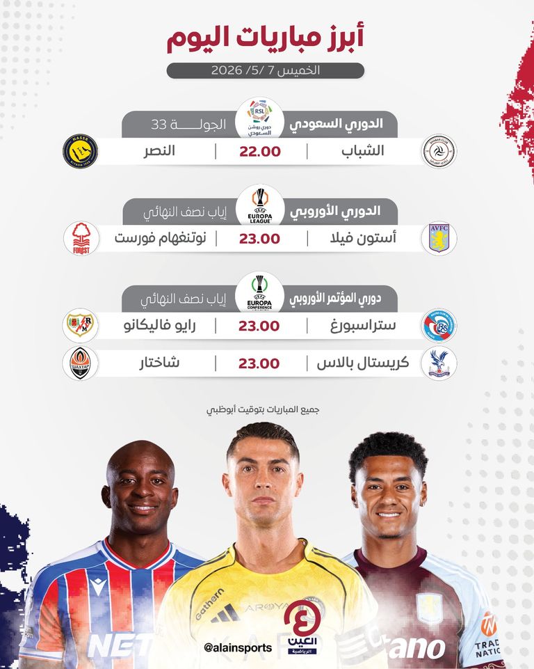 جدول مباريات اليوم الخميس 7 مايو 2026 والقنوات الناقلة - صورة 1