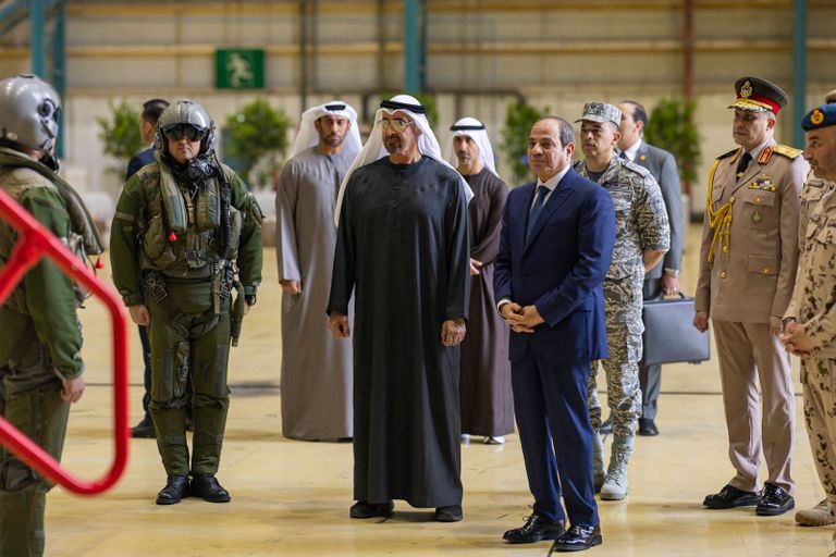 محمد بن زايد والسيسي يزوران مفرزة مقاتلات مصرية متمركزة بالإمارات - صورة 1