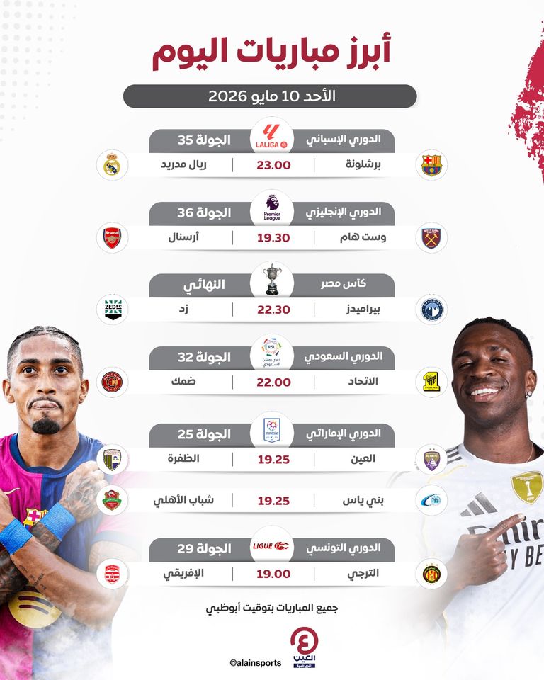 جدول مباريات اليوم الأحد 10 مايو 2026 والقنوات الناقلة - صورة 1