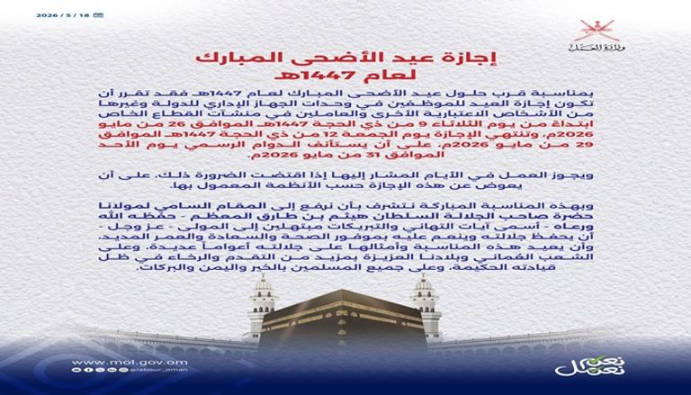 رسميا.. إجازة عيد الأضحى 2026 في سلطنة عمان للموظفين والقطاع الخاص - صورة 1