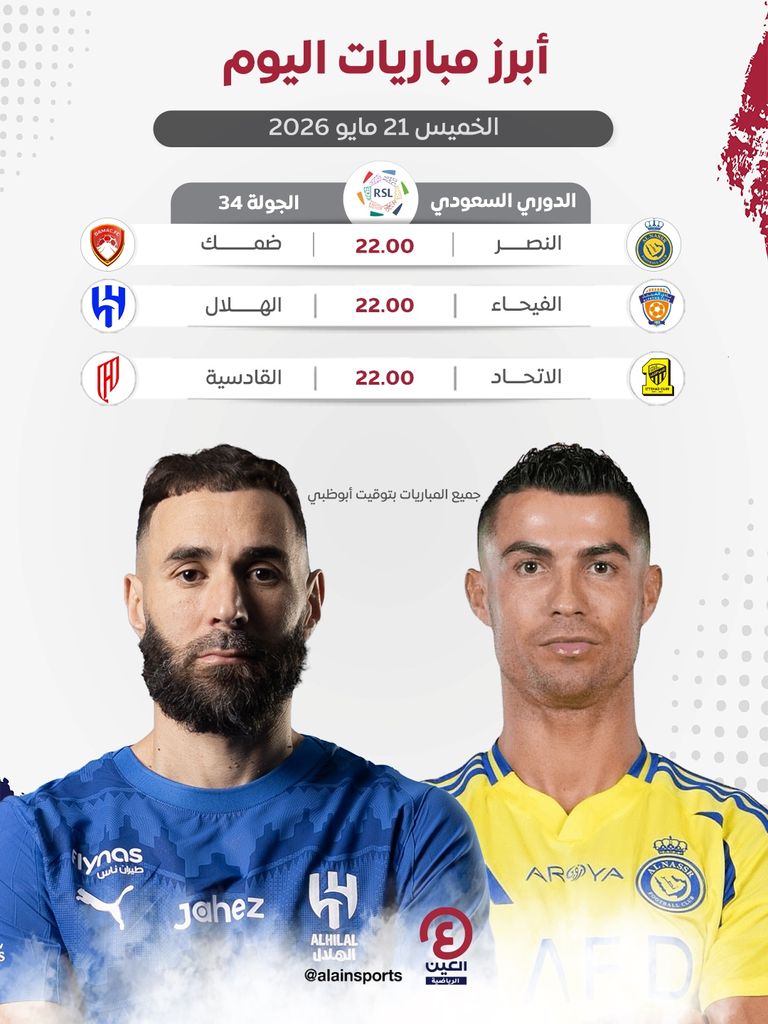 جدول مباريات اليوم الخميس 21 مايو 2026 والقنوات الناقلة - صورة 1