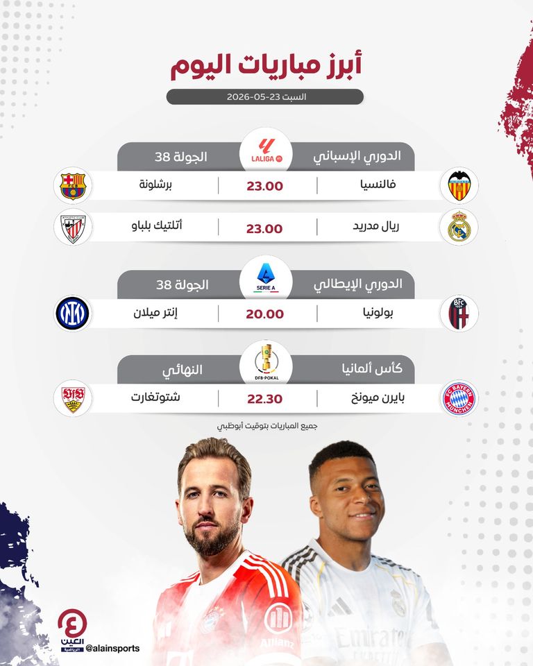 جدول مباريات اليوم السبت 23 مايو 2026 والقنوات الناقلة - صورة 1