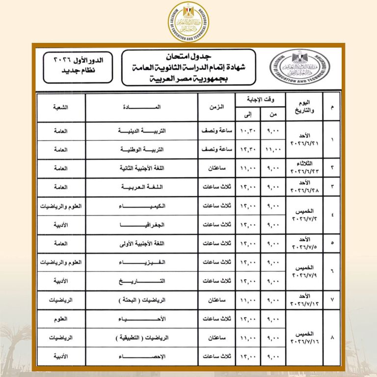 جدول الثانوية العامة 2026 في مصر قبل انطلاق الامتحانات.. جدول الثانوية العامة 2026 في مصر - صورة 1