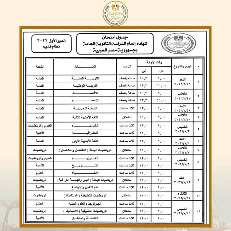 قبل انطلاق الامتحانات.. جدول الثانوية العامة 2026 في مصر - صورة 2