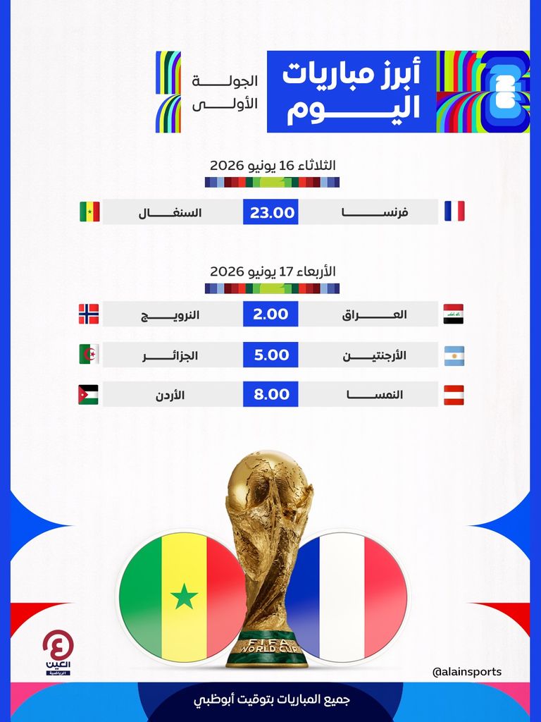مباريات اليوم الثلاثاء 16 يونيو في كأس العالم 2026.. المواعيد والقنوات - صورة 1