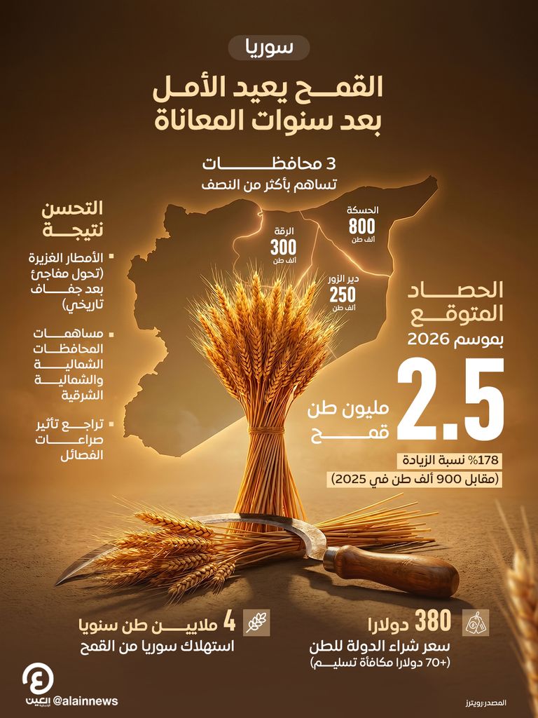بعد سنوات الجفاف والحرب.. سوريا تستعد لحصاد أفضل موسم قمح بالأعوام الأخيرة بعد سنوات الجفاف والحرب.. سوريا تستعد لحصاد أفضل موسم قمح بالأعوام الأخيرة - صورة 1