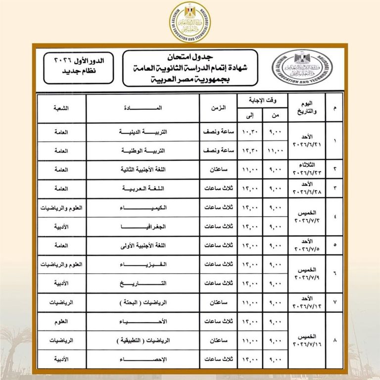 مصر.. جدول امتحانات الثانوية العامة 2026 للمواد المضافة للنظامين الحديث والقديم - صورة 1