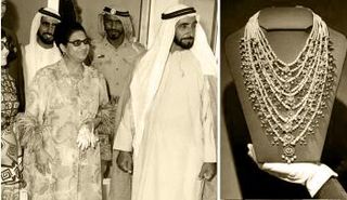 الشيخ زايد يستقبل أم كلثوم وفي الإطار تظهر القلادة التي أهديت لها 